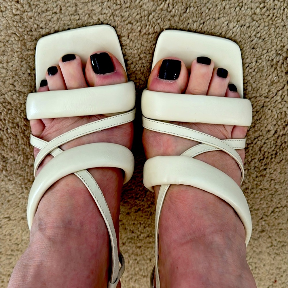 Vince Camuto square base , 2inch heel , cross straps dealt white